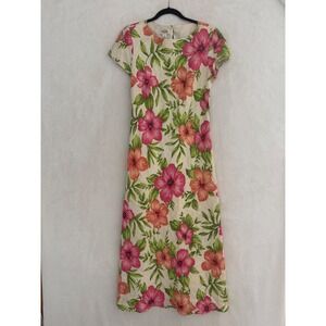 Talbots Floral Maxi Dress Womens 6 Pink Orange Hibiscus Tropical Linen Blend